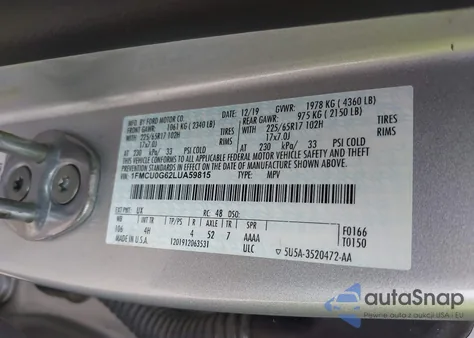 2020 Ford Escape Se z USA, uszkodzony, nr VIN 1FMCU0G62LUA59815